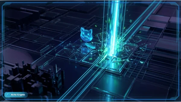 Logo Dogecoin en 3D devant un graphique haussier, avec résistance, volume et indicateur RSI