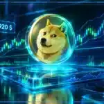Symbole Dogecoin en hologramme 3D devant un graphique de marché avec RSI, volume et résistance technique.
