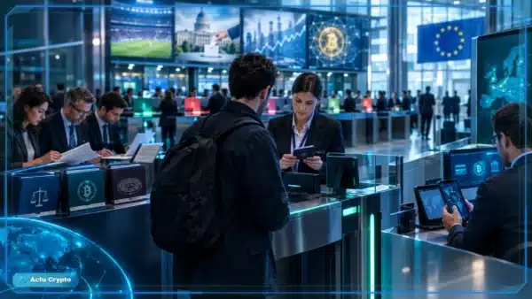 Photo réaliste d’un contrôle réglementaire européen encadrant l’accès à des marchés de prédiction, illustrant les exigences de licence, de KYC et de conformité imposées aux contrats événementiels.
