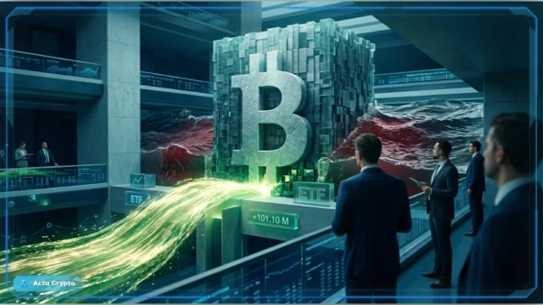Graphique du Bitcoin près de 78 000 dollars avec des flux ETF positifs portés par BlackRock IBIT