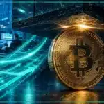 Pièce Bitcoin sous une résistance lumineuse, symbolisant les entrées dans les ETF au comptant