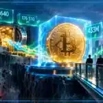 Pièce Bitcoin éclairée en vert et or, illustrant le retour des flux institutionnels