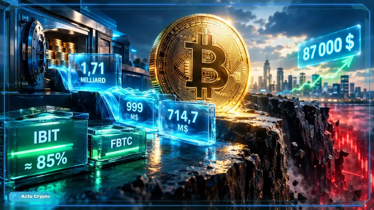 Pièce Bitcoin éclairée par des flux institutionnels sur fond financier bleu
