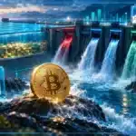Pièce Bitcoin sur une plateforme fissurée illustrant les sorties d’ETF