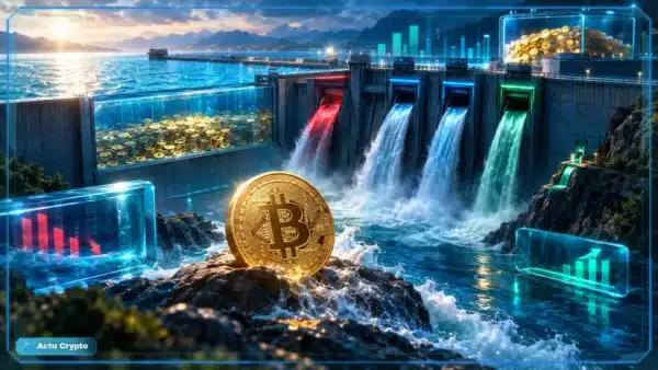Pièce Bitcoin sur une plateforme fissurée illustrant les sorties d’ETF