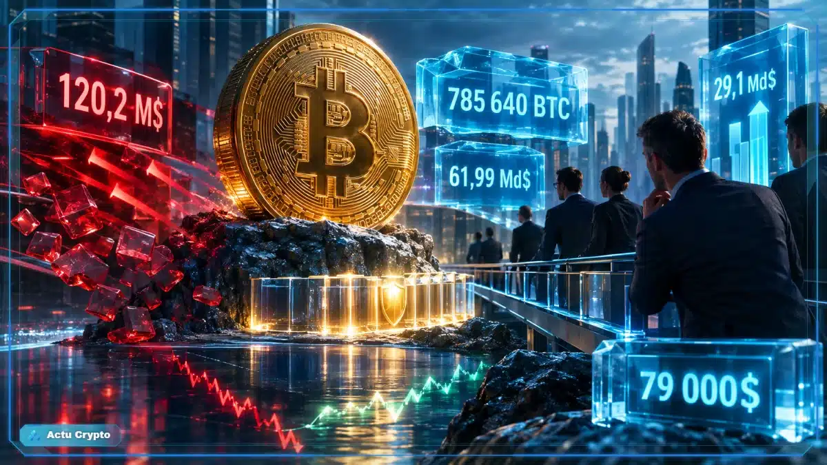 Image illustrant un Bitcoin sur une plateforme fissurée illustrant les sorties d’ETF