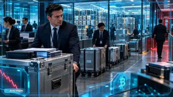 Photo réaliste avec le montage graphique illustrant les sorties ETF Bitcoin dans une salle de trading