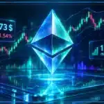 Symbole Ethereum en 3D devant un graphique de marché avec support, résistance et données de prix.