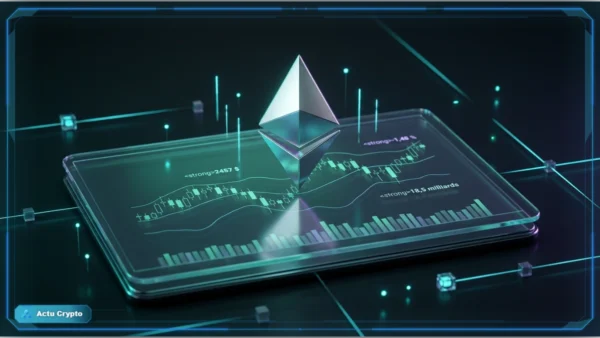 Logo Ethereum en 3D devant un graphique de marché indiquant 2 457 $, un recul de 1,48 % et le volume quotidien