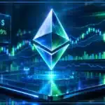 Symbole Ethereum en hologramme 3D devant un graphique de marché avec résistance, RSI et données de volume.