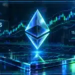 Symbole Ethereum en hologramme 3D devant un graphique de marché montrant une résistance proche et un prix autour de 2