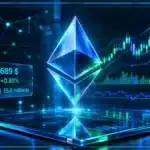 Symbole Ethereum en 3D devant un graphique de marché avec niveaux de support et résistance