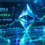 Symbole Ethereum en hologramme 3D devant un graphique de marché, avec niveaux techniques et hausse journalière
