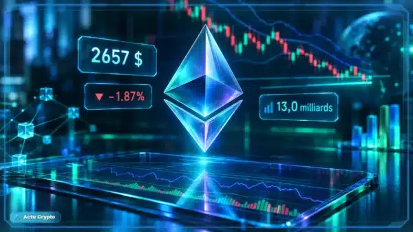 Symbole Ethereum en hologramme 3D devant un graphique de marché avec support, volume et variation quotidienne.