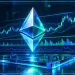 Symbole Ethereum en 3D devant un graphique de marché avec résistance, RSI et indicateurs de volume