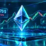 Symbole Ethereum en 3D devant un graphique de marché montrant une résistance proche et une baisse quotidienne