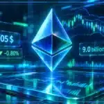 Symbole Ethereum holographique au-dessus d'une tablette de trading avec graphiques, résistance et indicateurs de marché