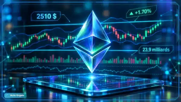 Symbole Ethereum en hologramme 3D devant un graphique de marché avec niveaux techniques et prix à 2 510 $