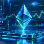 Symbole Ethereum en hologramme 3D devant un graphique de marché avec résistance, volume et indicateurs techniques.