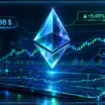 Symbole Ethereum en hologramme 3D devant un graphique de marché montrant 2 598 $, une hausse de 5,49 % et des niveaux