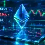 Symbole Ethereum en hologramme 3D devant un graphique de trading montrant le prix à 2 645 $, une baisse quotidienne et