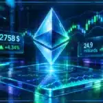 Symbole Ethereum en hologramme 3D devant un graphique de marché avec niveaux techniques et signaux de volume.