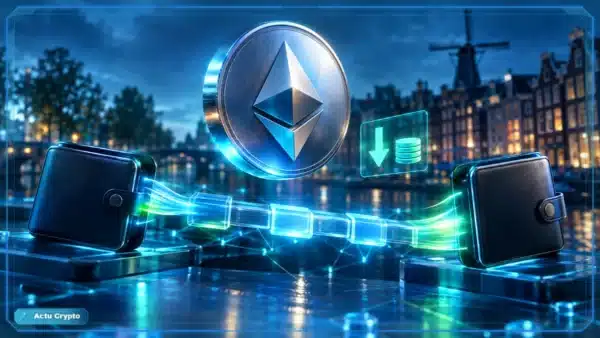 Pièce Ethereum lumineuse illustrant la réduction du gaz pour un transfert ETH