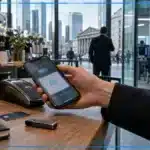 Main tenant un wallet crypto devant un terminal de paiement sur Ethereum