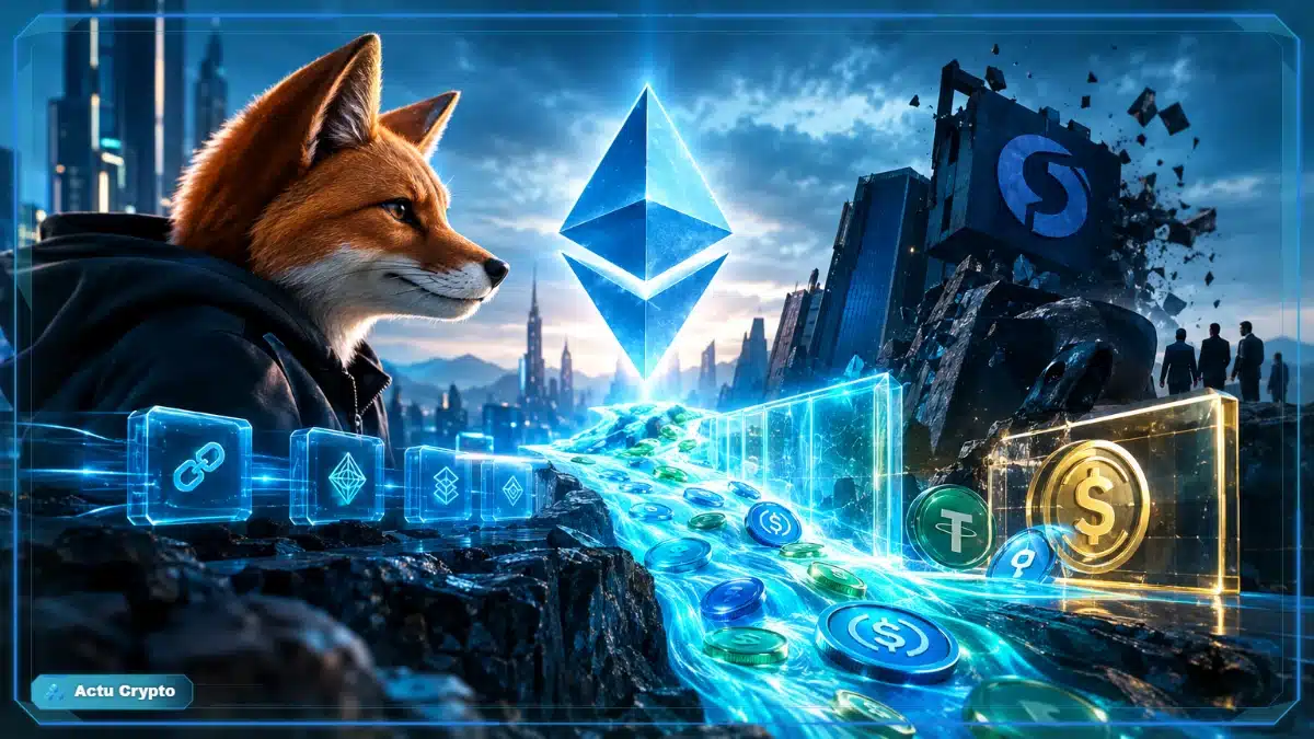 Un renard représentant métaphoriquement le wallet MetaMask du Main tenant regardant tous les réseaux surtout Ethereum pour les stablecoins