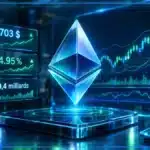 Symbole Ethereum en hologramme 3D devant un graphique de trading montrant la hausse d’ETH, le volume et des niveaux