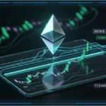Logo Ethereum en hologramme devant un graphique haussier testant une résistance technique