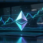 Symbole Ethereum en 3D devant un graphique de marché affichant 2 455 $ et une hausse de 2,28 %