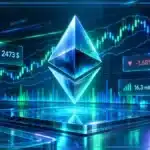 Symbole Ethereum en hologramme 3D devant un graphique de marché montrant support, volume et RSI.