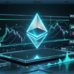 Logo Ethereum en 3D devant un graphique de marché montrant le prix, le volume et la variation d’ETH