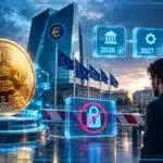 Illustration d’un euro numérique entre un coffre crypto et un terminal de paiement