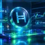 Symbole Hedera HBAR en hologramme 3D devant un graphique de marché avec résistance et hausse du volume