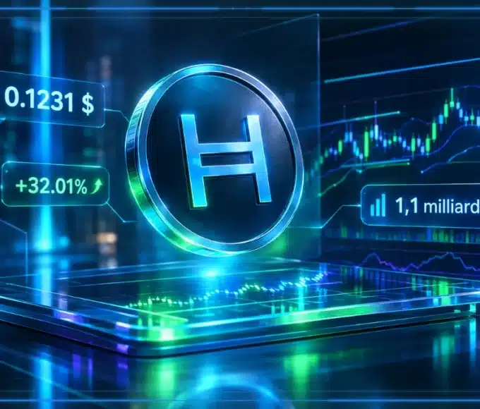 Symbole Hedera HBAR en hologramme 3D devant un graphique de marché avec résistance et hausse du volume