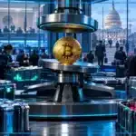 Photo réaliste d’un centre de compensation crypto où Bitcoin reste comprimé entre support et résistance tandis que les positions à effet de levier s’accumulent avant la Fed et le CLARITY Act.