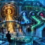 Jetons crypto lumineux illustrant la hausse de SOL, UNI et NEAR