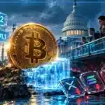 Bitcoin sur une plateforme fissurée, symbolisant la baisse des altcoins sous la pression des taux US