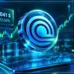 Symbole Ondo en hologramme 3D devant un graphique de trading montrant le prix à 0,5041 $, la hausse de séance et des