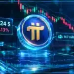 Symbole Pi Network en 3D devant un graphique baissier avec niveaux de support, résistance et indicateurs de marché