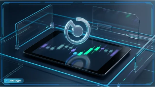Symbole Render en hologramme devant un graphique de marché avec support, résistance et RSI neutre