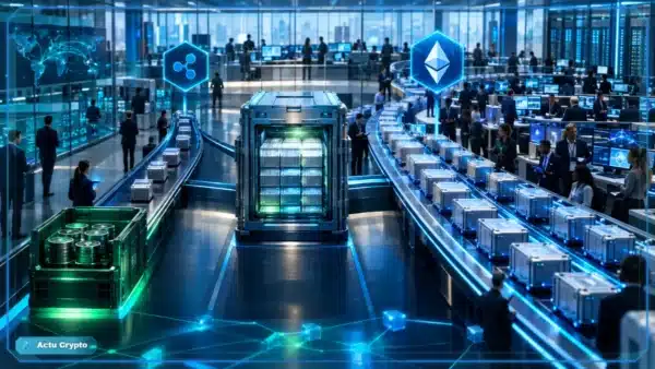 Photo réaliste d’un hub institutionnel où RLUSD se répartit entre Ethereum et le XRP Ledger, illustrant une croissance multichaîne qui ne crée pas automatiquement de demande pour XRP.
