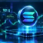 Symbole Solana en hologramme 3D au-dessus d'une tablette de trading avec graphique, volume et seuil technique.