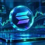 Symbole Solana holographique au-dessus d’une tablette de trading avec graphique, volume et niveaux techniques