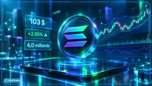Logo Solana en hologramme 3D au-dessus d’un graphique de marché avec niveaux techniques et indicateurs de volume.