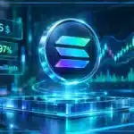 Logo Solana en hologramme 3D devant un graphique de marché affichant 115 $, une hausse de 6,97 % et des niveaux