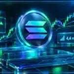 Symbole Solana en hologramme 3D devant un graphique de marché avec niveaux techniques et prix à 116 $