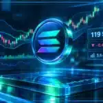 Symbole Solana en hologramme 3D devant un graphique de marché avec zones de support et de résistance